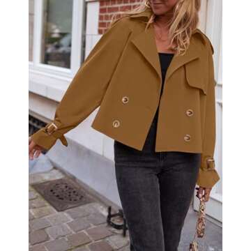 ZESICA Womens Long Sleeve Crop Trench Coat Lapel Double Breasted Loose Casual Jacket with Pockets,Br...