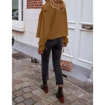 ZESICA Womens Long Sleeve Crop Trench Coat Lapel Double Breasted Loose Casual Jacket with Pockets,Brown,Small