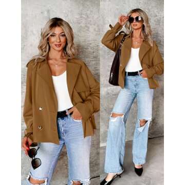 ZESICA Womens Long Sleeve Crop Trench Coat Lapel Double Breasted Loose Casual Jacket with Pockets,Brown,Small