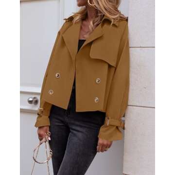 ZESICA Womens Long Sleeve Crop Trench Coat Lapel Double Breasted Loose Casual Jacket with Pockets,Brown,Small