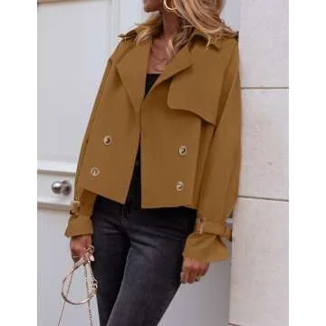 ZESICA Womens Long Sleeve Crop Trench Coat Lapel Double Breasted Loose Casual Jacket with Pockets,Brown,Small