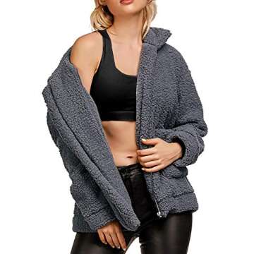 Women's Coat Casual Lapel Fleece Fuzzy Faux Shearling Zipper Coats Warm Winter Oversized Outwear Jackets (Medium, Gray)