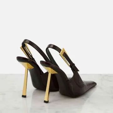 THESHY Women's Slingback Stiletto High Heels Square Toe Metal Buckle Pumps Backless Patent Leather Fashion Dress Shoes for Women Coffee