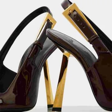 THESHY Women's Slingback Stiletto High Heels Square Toe Metal Buckle Pumps Backless Patent Leather Fashion Dress Shoes for Women Coffee