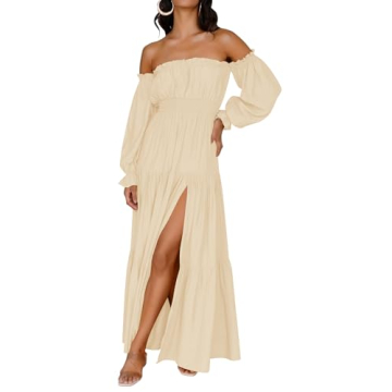 ZESICA Women's Boho Sexy Off Shoulder Long Sleeve Smocked Maxi Dress in Light Yellow