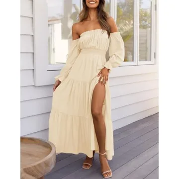 ZESICA Women’s Sexy Off Shoulder Maxi Dress in Light Yellow