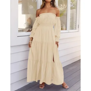 ZESICA Women’s Sexy Off Shoulder Maxi Dress in Light Yellow