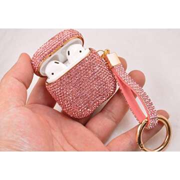 Sparkly Diamond Case for AirPods with Keychain, Shockproof Protective Premium Bling Rhinestone Cover Skin Compatible with AirPods Charging Case 2 & 1(Pink+Gold Plated)