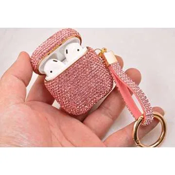 Sparkly Diamond Case for AirPods with Keychain, Shockproof Protective Premium Bling Rhinestone Cover Skin Compatible with AirPods Charging Case 2 & 1(Pink+Gold Plated)