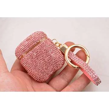 Sparkly Diamond Case for AirPods with Keychain, Shockproof Protective Premium Bling Rhinestone Cover Skin Compatible with AirPods Charging Case 2 & 1(Pink+Gold Plated)