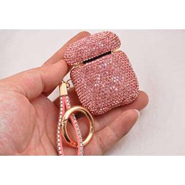 Sparkly Diamond Case for AirPods with Keychain, Shockproof Protective Premium Bling Rhinestone Cover Skin Compatible with AirPods Charging Case 2 & 1(Pink+Gold Plated)
