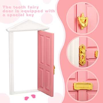 Tooth Fairy Door Kit Mini Wooden Tooth Fairy Door with Accessories Fairy Tale Education Learning Toy for Girls Dollhouse Mini Garden Decoration DIY Craft Activities (Pink)