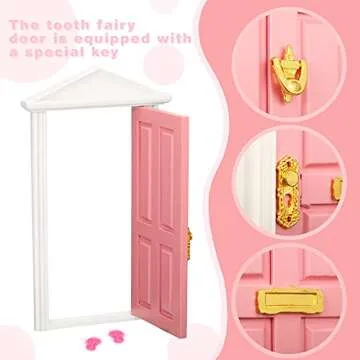 Tooth Fairy Door Kit Mini Wooden Tooth Fairy Door with Accessories Fairy Tale Education Learning Toy for Girls Dollhouse Mini Garden Decoration DIY Craft Activities (Pink)