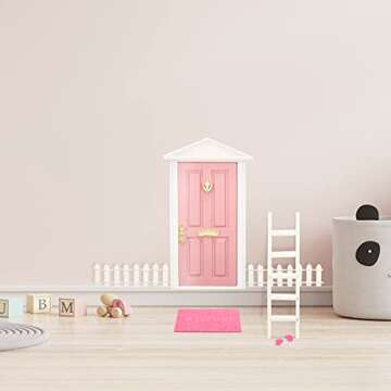 Tooth Fairy Door Kit Mini Wooden Tooth Fairy Door with Accessories Fairy Tale Education Learning Toy for Girls Dollhouse Mini Garden Decoration DIY Craft Activities (Pink)