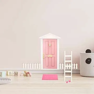 Tooth Fairy Door Kit Mini Wooden Tooth Fairy Door with Accessories Fairy Tale Education Learning Toy for Girls Dollhouse Mini Garden Decoration DIY Craft Activities (Pink)