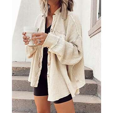 chouyatou Women's Loose Fit Batwing Sleeve Waffle Knit Button Down Shirt Shacket Tops (Medium, Apric...