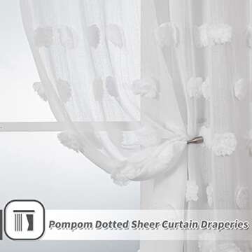 MYSKY HOME White Pom Pom Sheer Curtains for Bedroom Light Filtering Semi-Sheer Curtains for Nursery Girls Kids Room Rod Pocket Boho Voile Window Draperies Big White 52 x 45 inch 2 Panels