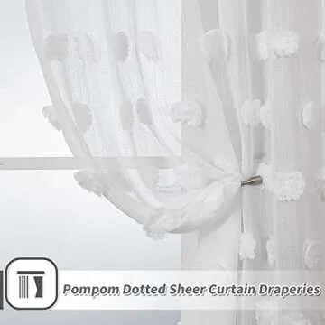 MYSKY HOME White Pom Pom Sheer Curtains for Bedroom Light Filtering Semi-Sheer Curtains for Nursery Girls Kids Room Rod Pocket Boho Voile Window Draperies Big White 52 x 45 inch 2 Panels