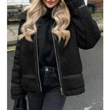 Tankaneo Womens Faux Fur Jackets Winter Trendy Sherpa Moto Leather Patchwork Zip Up Coat