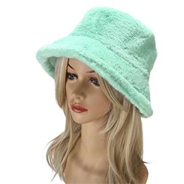 Umeepar Winter Faux Fur Fuzzy Bucket Hat Fluffy Warm Hat for Women Men (Plain Turquoise)