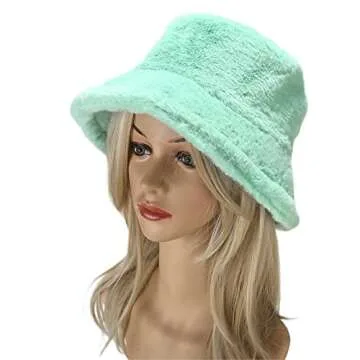 Umeepar Winter Faux Fur Fuzzy Bucket Hat Fluffy Warm Hat for Women Men (Plain Turquoise)
