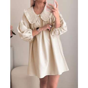 Ynhonra 2024 Women's Babydoll 3/4 Puff Sleeve Plaid Mini Dress Lapel Doll Collar Loose Y2k Dress(Khaki-L)