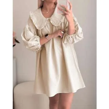 Ynhonra 2024 Women's Babydoll 3/4 Puff Sleeve Plaid Mini Dress Lapel Doll Collar Loose Y2k Dress(Khaki-L)