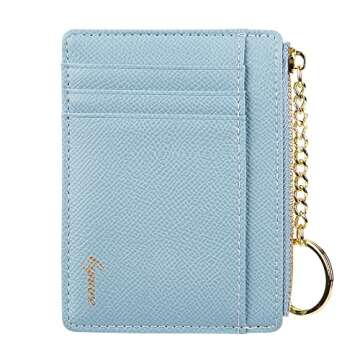 Women's Slim Minimalist Card Holder Coin Changes Purse Keychain Front Pocket Wallet With ID Window, SkyBlue-ID