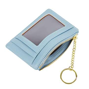 Women's Slim Minimalist Card Holder Coin Changes Purse Keychain Front Pocket Wallet With ID Window, SkyBlue-ID