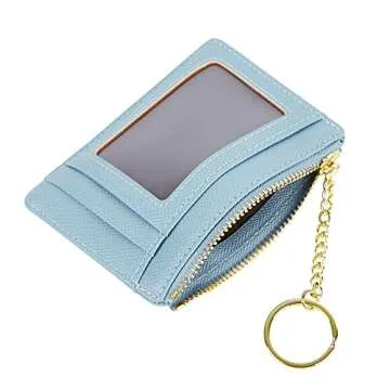 Women's Slim Minimalist Card Holder Coin Changes Purse Keychain Front Pocket Wallet With ID Window, SkyBlue-ID