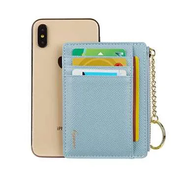 Women's Slim Minimalist Card Holder Coin Changes Purse Keychain Front Pocket Wallet With ID Window, SkyBlue-ID