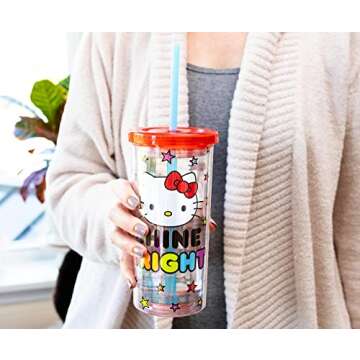 Sanrio Hello Kitty "Shine Bright" Carnival Cold Cup, BPA-Free Acrylic Tumbler with Lid & Reusable Straw, Perfect for Cold Drinks & Collectors, Hand-Wash Only, Travel Tumbler, Holds 20oz