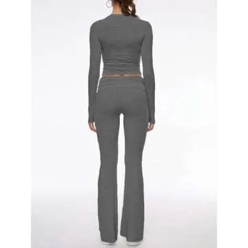 AnotherChill Women's 2 Piece Lounge Sets Fold-over Flare Pants Set Long Sleeve Cropped Top Casual Outfits Pajamas (Dark-Grey, Small)