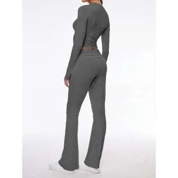 AnotherChill Women's 2 Piece Lounge Sets Fold-over Flare Pants Set Long Sleeve Cropped Top Casual Outfits Pajamas (Dark-Grey, Small)
