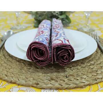 Ridhi Pigeon Blue with Pink Edge 100% Pure Cotton Farmhouse Wedding Cloth Dinner Napkins for Easter,...