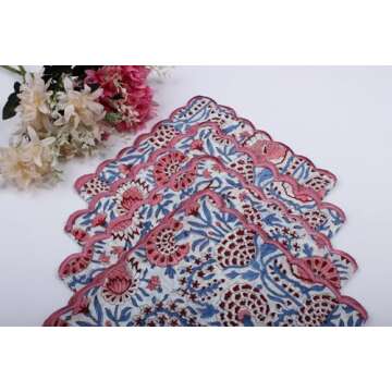 Ridhi Pigeon Blue with Pink Edge 100% Pure Cotton Farmhouse Wedding Cloth Dinner Napkins for Easter, Thanksgiving, Holiday Daily Wedding uses Napkins 4-18x18 Dinner Napkin