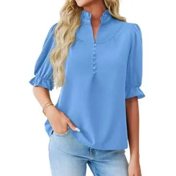 Cicy Bell Womens Summer Blouse - Dressy Casual Top with Ruffle Puff Sleeves