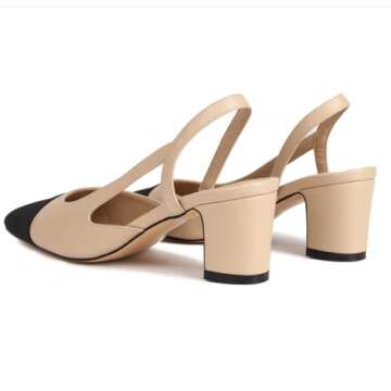 MICIFA Slingback Heels for Women，Round Toe Low Chunky Heeled Pumps with Ankle Strap， Fashion Splicing Office Shoes Nude