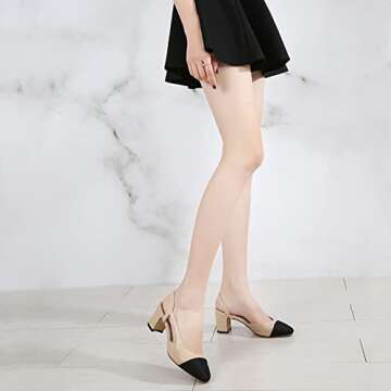 MICIFA Slingback Heels for Women，Round Toe Low Chunky Heeled Pumps with Ankle Strap， Fashion Splicing Office Shoes Nude