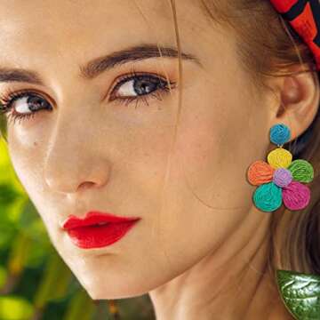 Flower Raffia Earrings for Women - Handmade Colorful Bohemian Jewelry