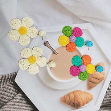 Flower Raffia Earrings for Women - Summer Bohemian Jewelry
