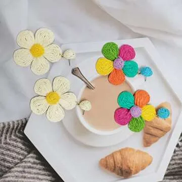 Flower Raffia Earrings for Women - Summer Bohemian Jewelry