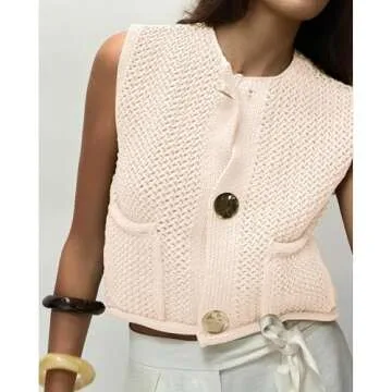 Hixiaohe Womens Vest Tops Crochet Knit Top Cute Button Sweater Vest Trendy Sleeveless Cardigan Sweaters for Women with Pocket(Beige,S)