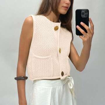 Hixiaohe Womens Vest Tops Crochet Knit Top Cute Button Sweater Vest Trendy Sleeveless Cardigan Sweaters for Women with Pocket(Beige,S)