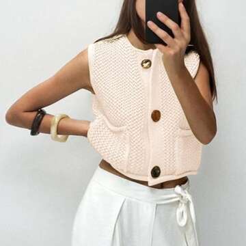 Hixiaohe Womens Vest Tops Crochet Knit Top Cute Button Sweater Vest Trendy Sleeveless Cardigan Sweaters for Women with Pocket(Beige,S)