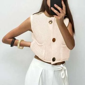 Hixiaohe Womens Vest Tops Crochet Knit Top Cute Button Sweater Vest Trendy Sleeveless Cardigan Sweaters for Women with Pocket(Beige,S)