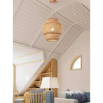 DANGGEOI Hand-Woven Bamboo Pendant Light, Rattan Handwoven Pendant Lamp, Natural Chandeliers Domed Shape Woven Light 1 Light Hanging Light for Kitchen Farmhouse Beige (14.96 x 15.71inch)