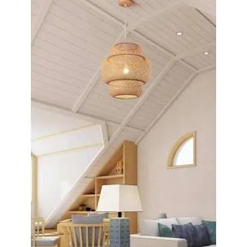 DANGGEOI Hand-Woven Bamboo Pendant Light, Rattan Handwoven Pendant Lamp, Natural Chandeliers Domed Shape Woven Light 1 Light Hanging Light for Kitchen Farmhouse Beige (14.96 x 15.71inch)