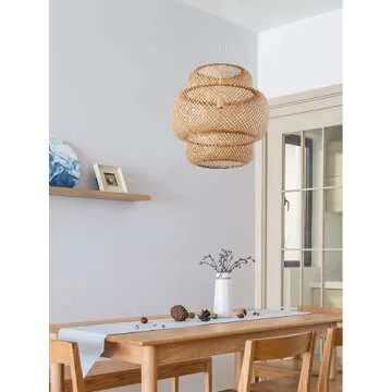 DANGGEOI Hand-Woven Bamboo Pendant Light, Rattan Handwoven Pendant Lamp, Natural Chandeliers Domed Shape Woven Light 1 Light Hanging Light for Kitchen Farmhouse Beige (14.96 x 15.71inch)