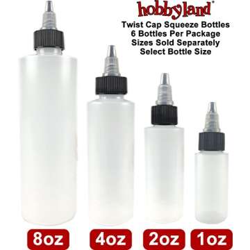 Hobbyland Squeeze Bottles, LDPE Plastic Bottles, Natural Cylinder Bottles, Black and Natural Twist Caps (4oz, 6 Bottles)